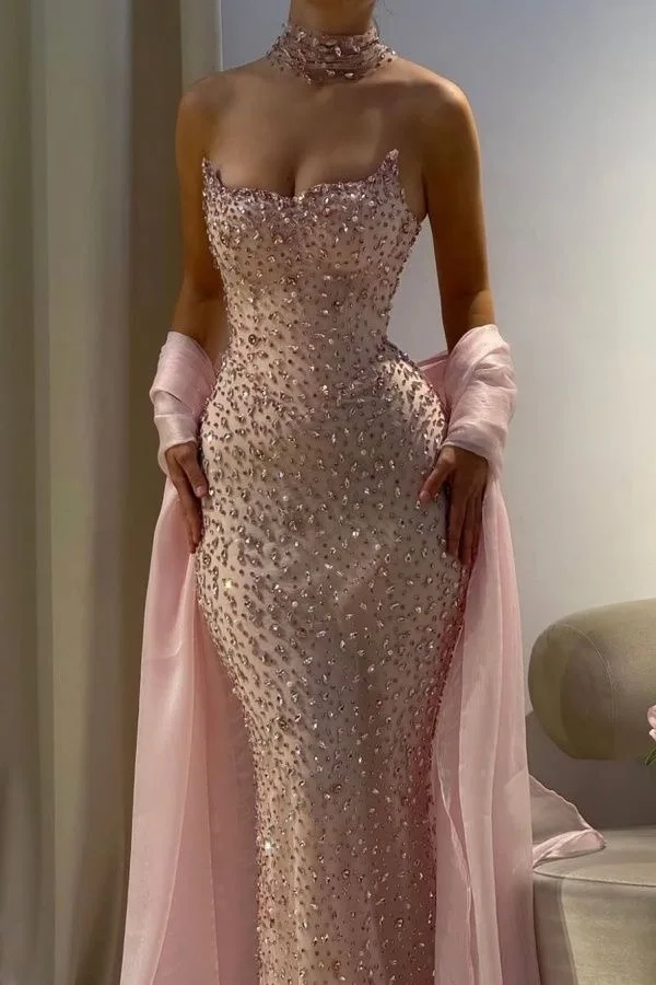 Luxury Diamond Evening Dresses Pink Mermaid Beaded Rhinestones Strapless With Shawl Elegant Prom Pary Gowns Special Occasions
