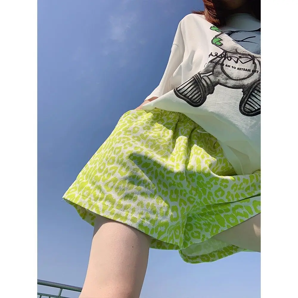 Women Casual Leopard Print Denim Shorts Loose Fit A Line Wide Leg Hot Pants Plus Size 300
