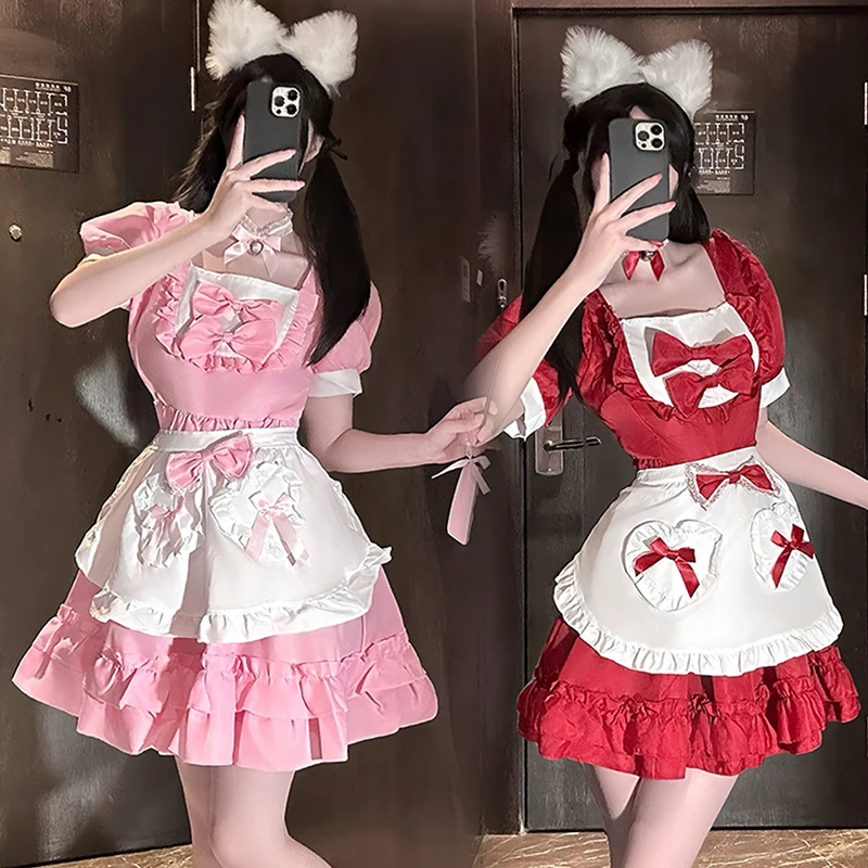 

Sexy Lolita Red And Pink Maid Dress Japanese Sweet Women Kawaii Bow Dress Anime Role Play Costume Halloween Party Stage Uniform