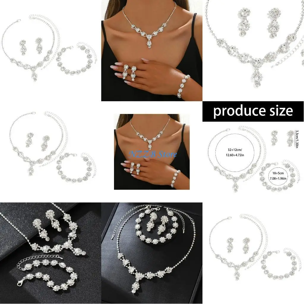 

T21F Elegant Women Rhinestones Floral Earrings Necklace and Bracelet Set Comfortable Wear Rhinestones Texture for Various Uses
