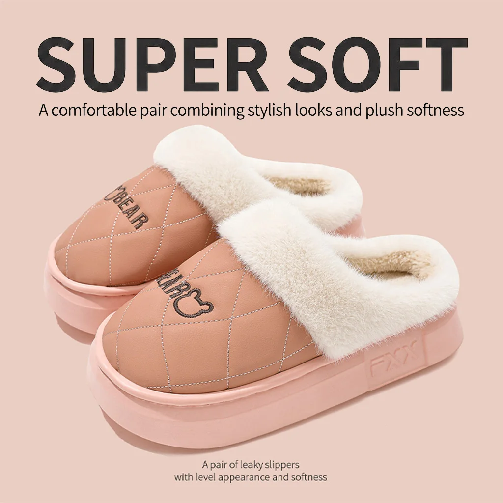 Unisex Winter Warm Plush Slippers Women Men Cute Bear Quilted Platform House Shoes Waterproof Non Slip Indoor Outdoor Home Mules