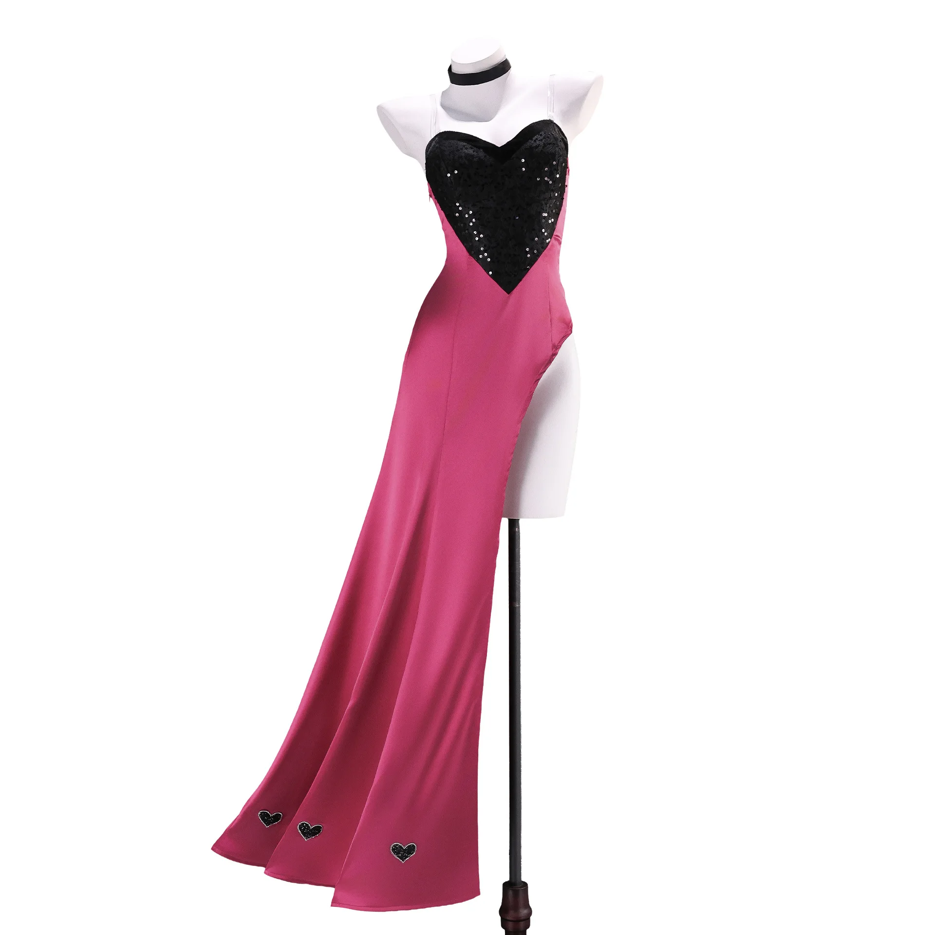 Angel Dust Cosplay Costume Heart Sequin Spaghetti Strap Mermaid Dress Pink Satin High Side Slit Long Gown Black Choker set view 2