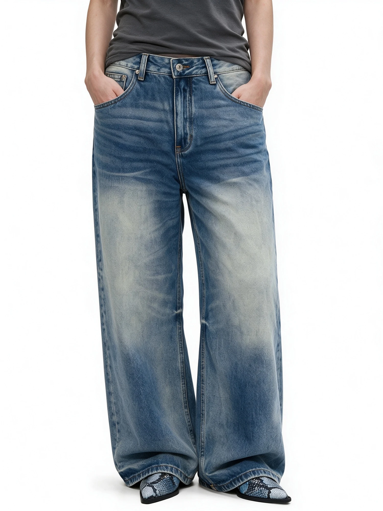 Jeans Retro Americano com Design de Gato Lavado para Homens e Mulheres, Calças Casuais de Corte Largo e Reto em Algodão