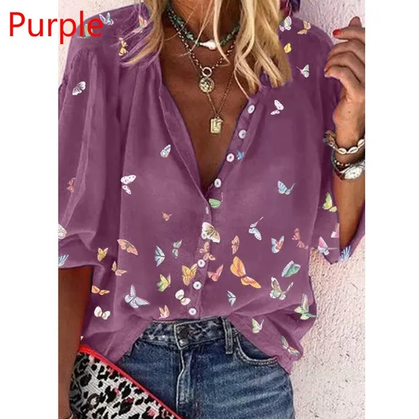 Popular fashion women\'s Europe and the United States spring big yards blouse long-sleeved lapel shirt butterfly print shirt