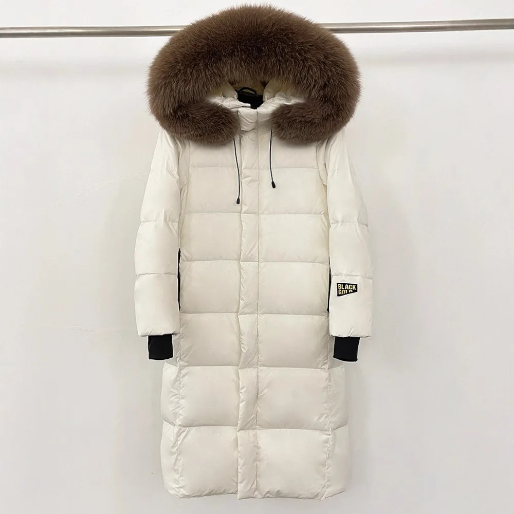 2025 الشتاء موضة أوزة طويلة أسفل سترة فو الفراء طوق مقنعين فضفاضة عادية سميكة الدافئة أسفل معاطف للنساء سترة منفوخة