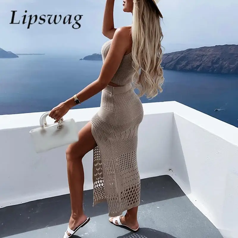 Fashion Crochet Knitted Two Piece Set Women Casual Sleeveless Tank Tops + Bodycon Slit Skirt Suit Summer Lady Slim Beach Outfits