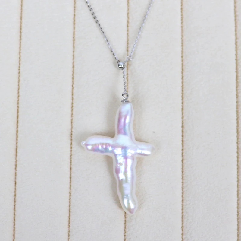 wholesale natural baroque style pearl cross pendant,good luster,sterling sliver chains,adjustable length