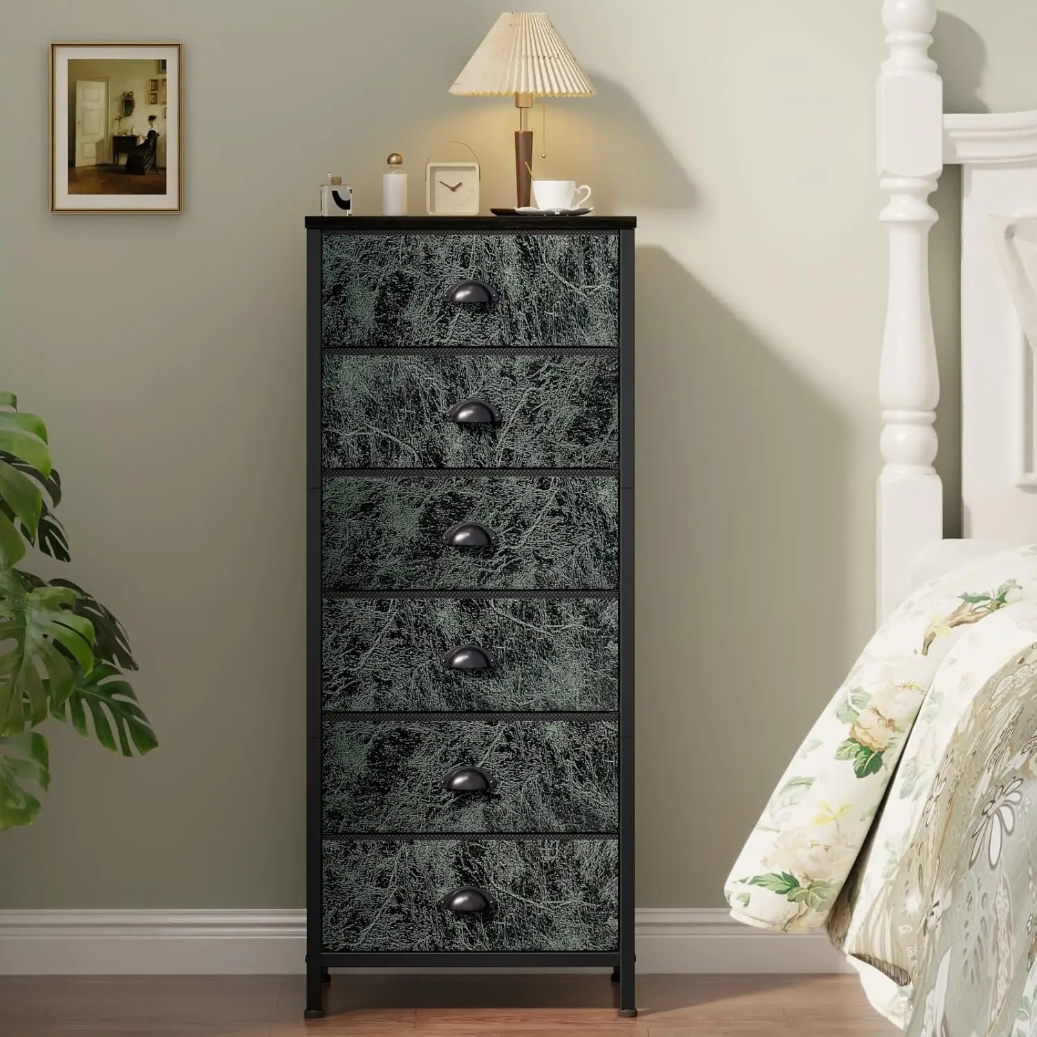 

Vertical Dresser for Bedroom,Tall Storage Tower Unit and Chest with 6 Drawers,Vintage Green Nightstand Furniture with Fabric