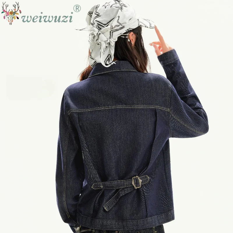 Ladies Retro American Denim Coat Lapel Contrast Stitching Loose Jacket with Back Buckle Strap Waist Design Fashion Casual Top