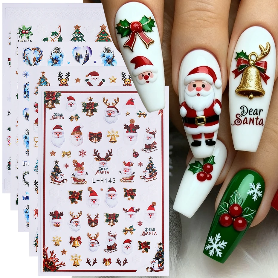 8 szt. Świąteczne Naklejki na Paznokcie 3D Kreskówkowe Renifery Święty Mikołaj Pingwin Ostrokrzew Dzwonek Naklejki na Paznokcie Slider DIY Zimowy Manicure Dekoracja