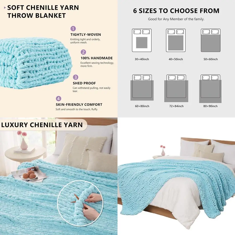 

Handcrafted Large Cable Knit Chenille Throw Blanket, 80x90 for Bed or Couch, Light Blue Home Decor