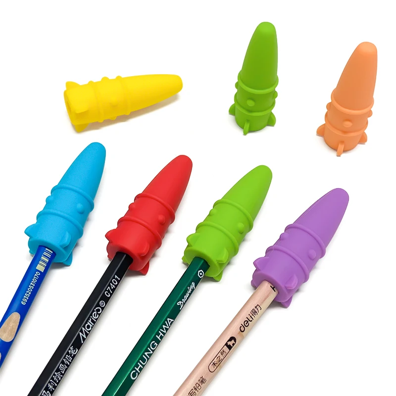 6 tapas de silicona para lápices con forma de cohete para aliviar el estrés, previenen que se muerdan los dedos, adecuadas para autismo y TDAH, masticables