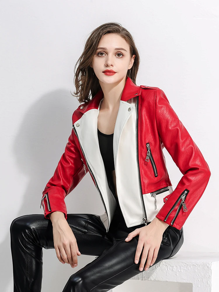 

Slim Women Red White Contast Faux Leather Jacket Spring Autumn Fashion Streetwear High Waist Patchwork Motorcycle Coat