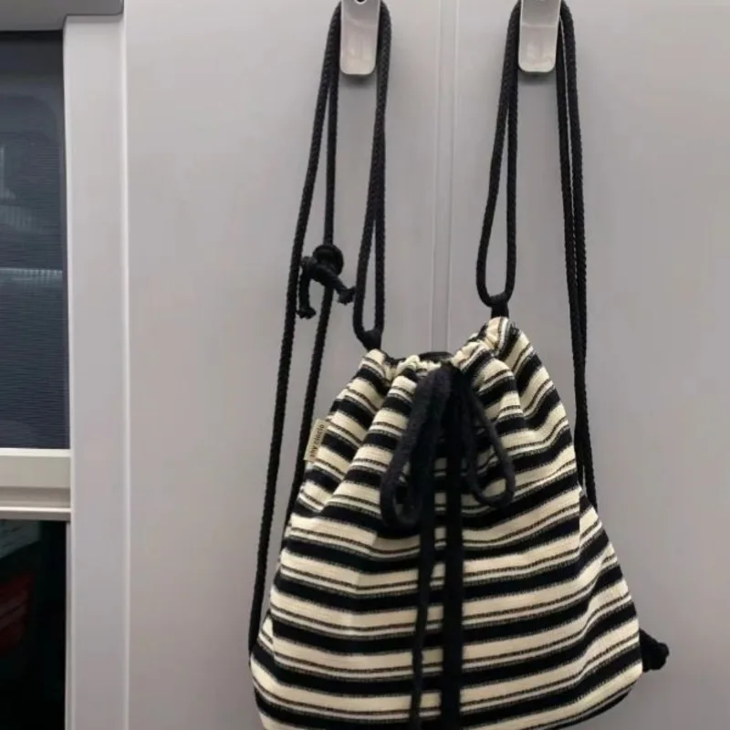 

Black Striped Korean Drawstring Backpack Large Capacity Casual Tote Bag High Quality Soft Y2k Crossbody Bag Canvas Bag For Women