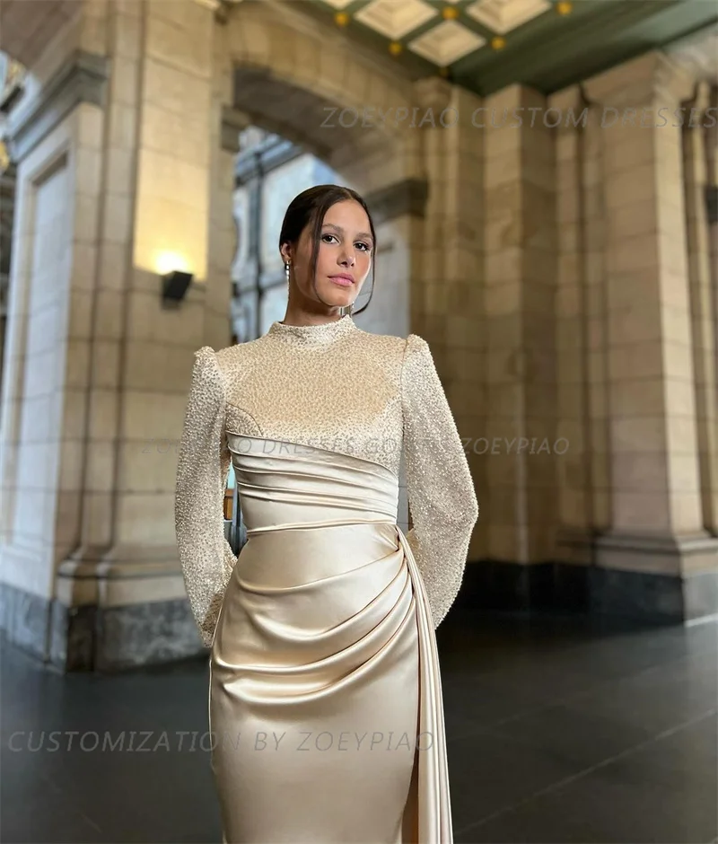 Robes de Rhsirène en satin champagne pour femmes, manches longues bouffantes, paillettes brillantes, robes de soirée formelles, quelles que soient les robes de soirée, 2024, 2023