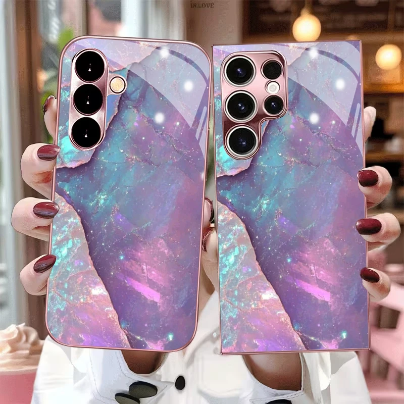 Iridescent Opal Marble Electroplated Pink Glass Phone Case For Samsung Galaxy S26 S25 Edge S24 S23 Ultra Plus FE S22 S26FE Cover
