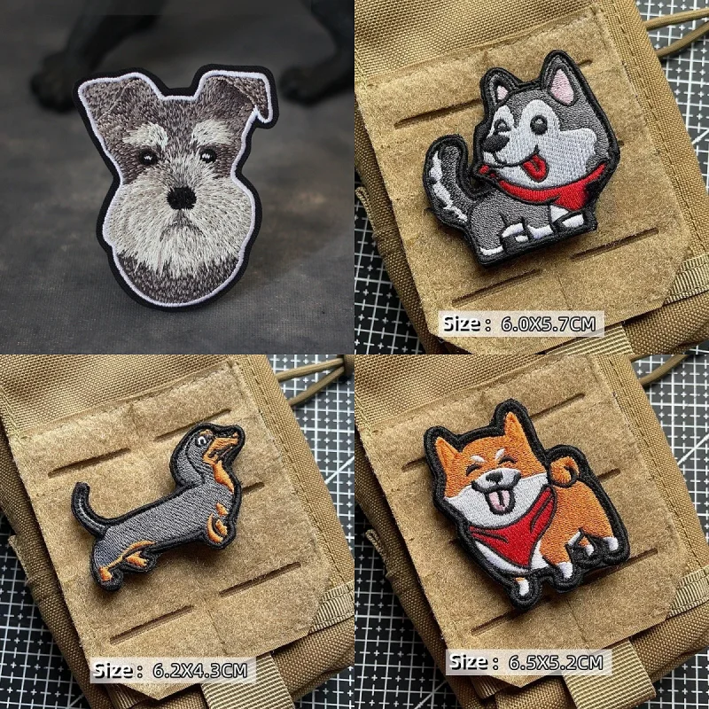 Fun Dachshund Corgi Morale Badge Hook&Loop Embroidery Patch Cute Schnauzer Dog Tactical Patches DIY Clothes Backpack Stickers