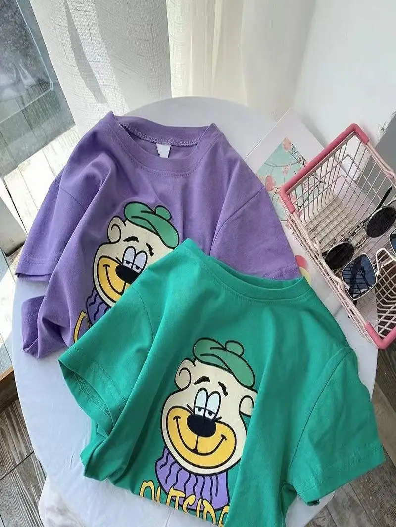 Camiseta de manga curta da moda para meninas e meninos, roupa infantil de verão com ajuste solto, estilo coreano, top de verã...