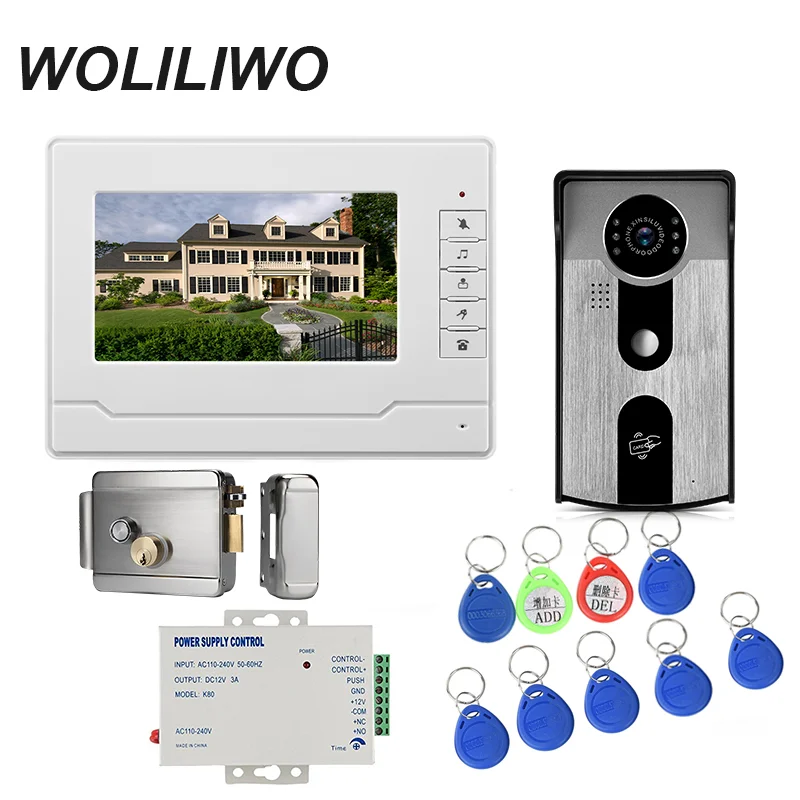 

WOLILIWO 7''Wired Video Door Phone Intercom System 1 Monitor+700TVL RFID Access Waterpoof Camera+Electric Control Door Lock