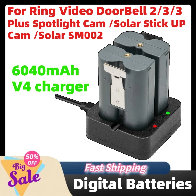 6040mAh RV4 Digital Batteries for Ring Video DoorBell 2/3/3 Plus Spotlight Cam Battery/Solar Stick UP Cam Battery/Solar SM002