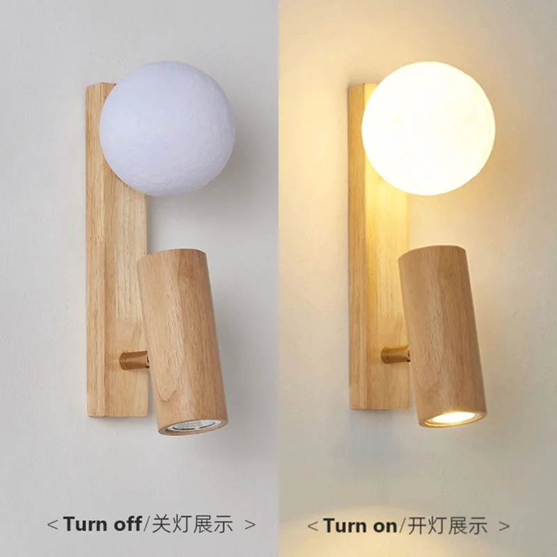 Nordic Cream Wind Wood Wall Lamp Log Bedroom Bedside Reading Lamp Rotatable Spotlight Living Room Ball Wall Sconce Home Decor