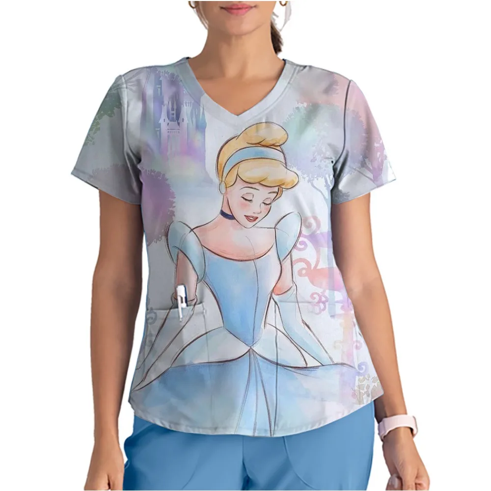 Summer women's nurse uniform printing V-neck Disney Cinderella care top Pet store work uniform nurse care T-shirt