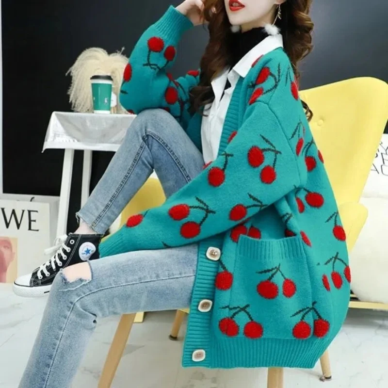 2022 New Spring and Autumn Clothes Loose Medium Long Sweater Cardigan Sweater Coat Korean Fashion Casual Women's Top