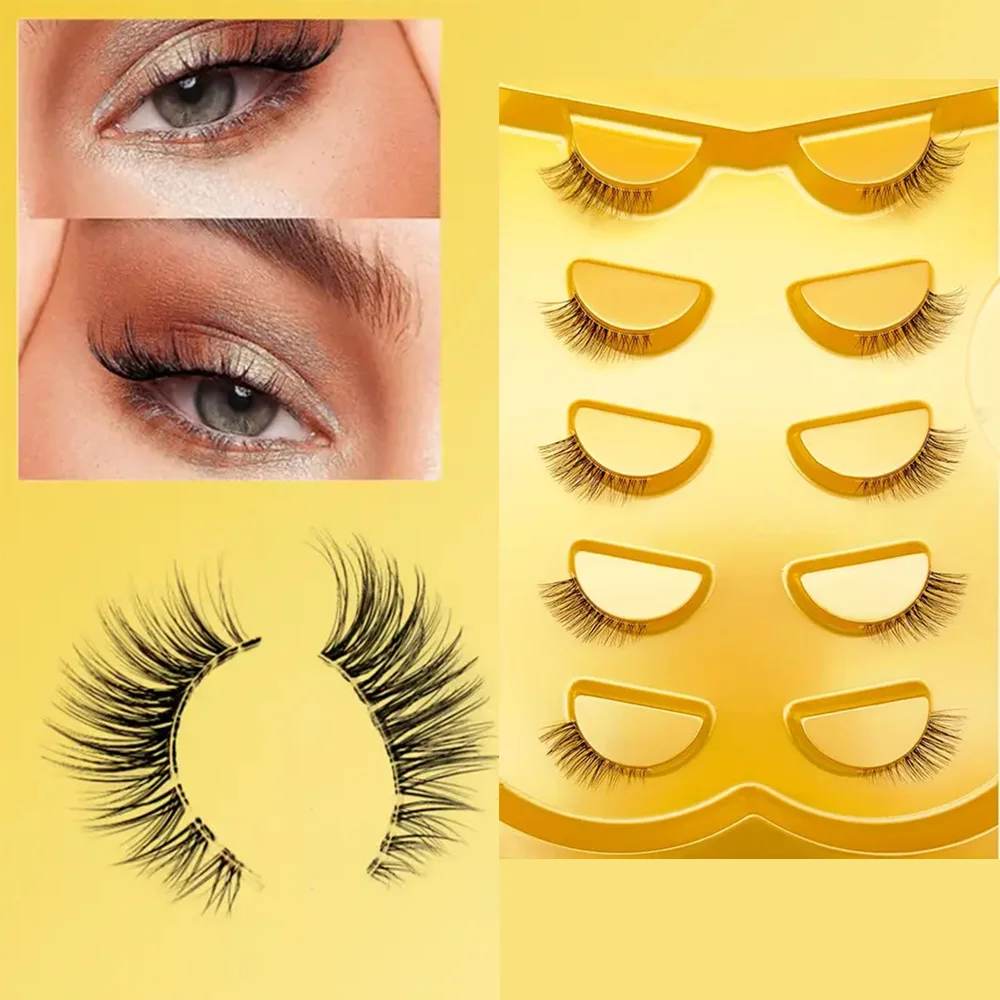 Luxury Cat Eye Handmade False Eyelashes – 5 Pairs Natural Short Lashes with Transparent Clear Band, Reusable Lightweight Lashes
