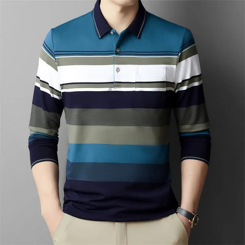 Men's Long Sleeve Striped Cotton Polo Shirt Loose Fit Collar Casual Top with Pocket for Dad Middle Aged