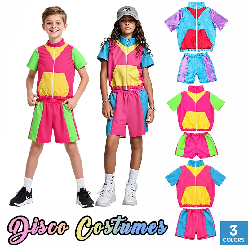 80s 90s Kids Disco Costumes Hip Hop Street Dance Wear Festival Party School Summer Camp Performance Costume Short-Sleeve Shorts