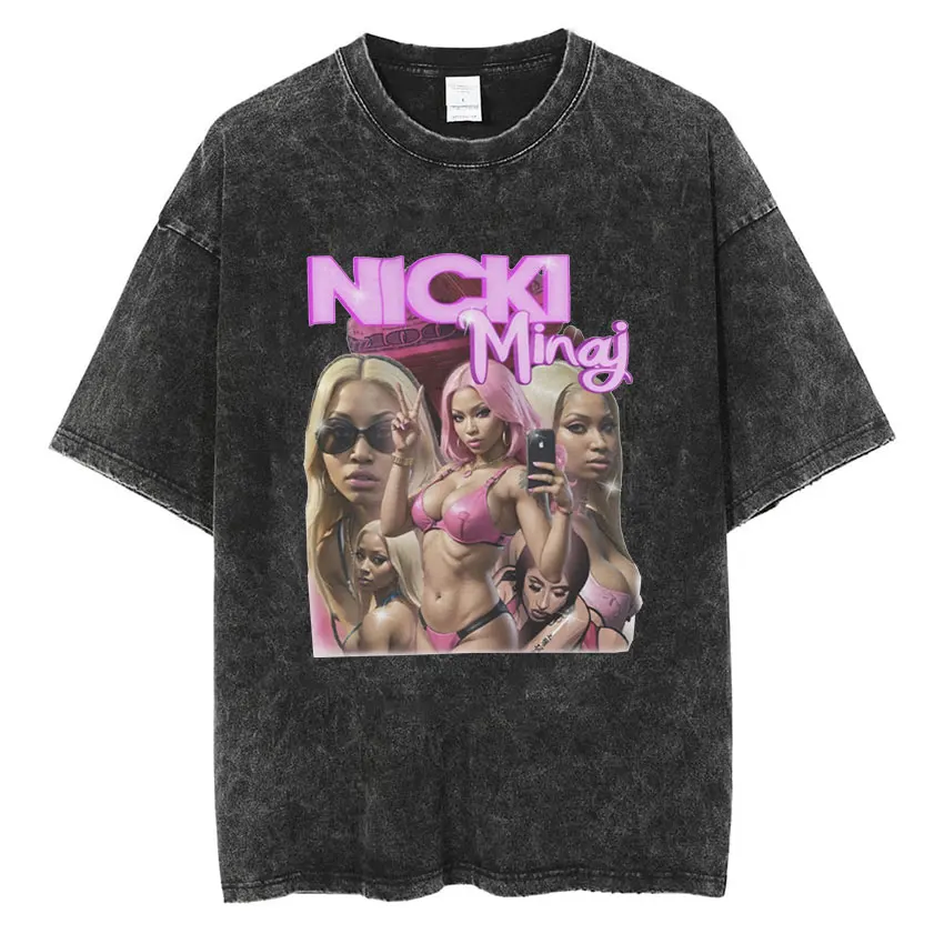 Nicki Minaj Vintage Washed T Shirt Gag City Pink Friday 2 World Tour 2024 Hip Hop Aesthetic T-shirt Men Women Oversized Clothing