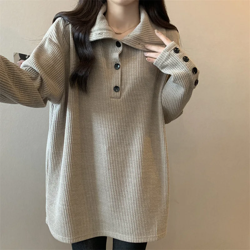 Pullovers Women Lapel Button Design Covers Stomach Appears Slim Loose Bottom Shirt Unique Medium Long Plus Size Female Clothing