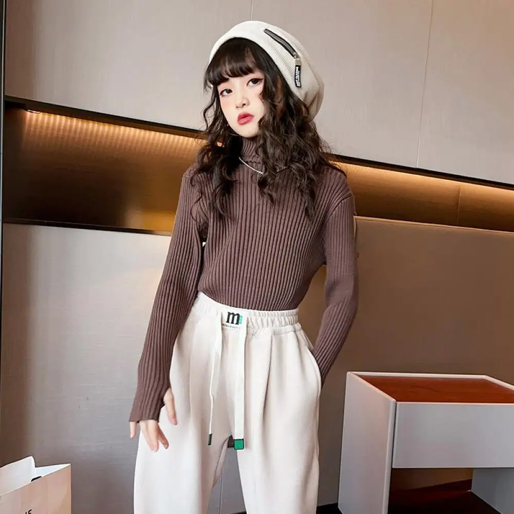 

Kawaii модный теплый свитер с высоким воротом для девочек, студенческий осенне-зимний повседневный трикотаж с героями мультфильмов, пуловер, топы, детская одежда