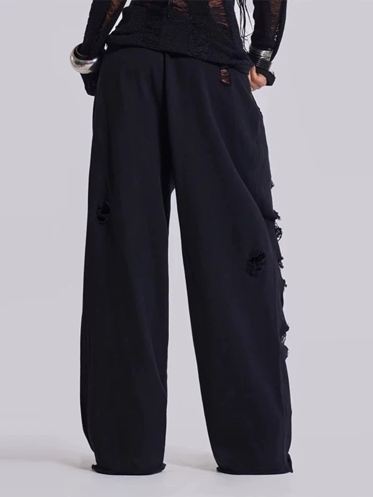 HOUZHOU Black Vintage Distressed Trousers Women Baggy Hip Hop Y2k Grunge Holes Sweatpants Fashion Streetwear Wide Leg Joggers