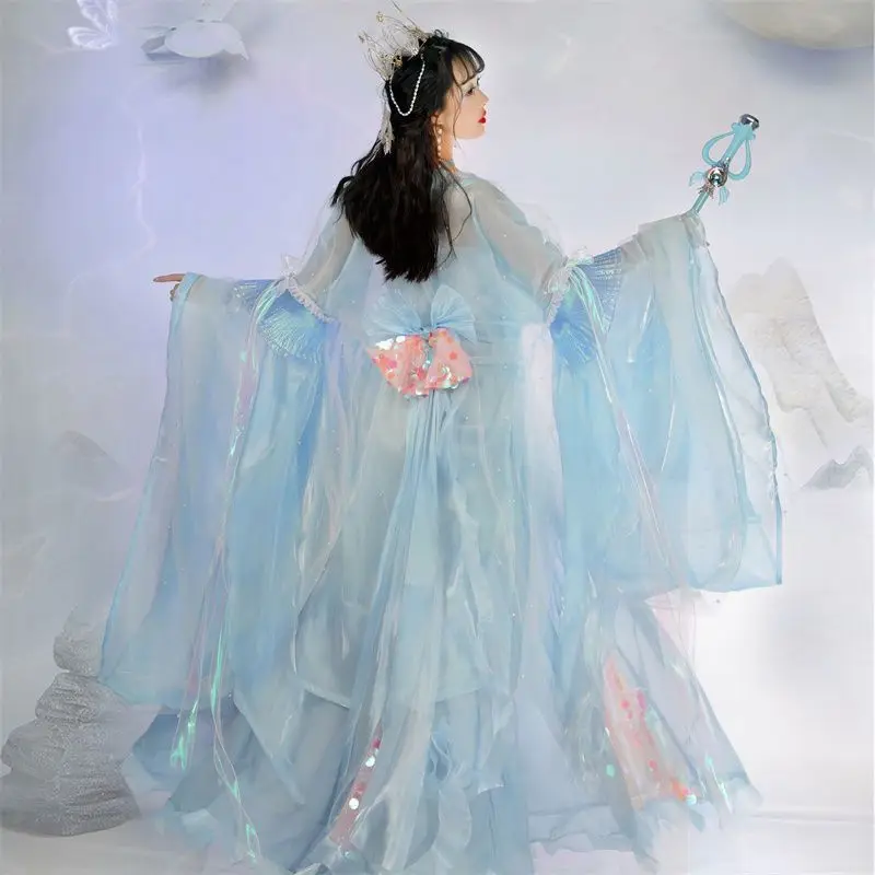 Vestido Hanfu chino antiguo para mujer, traje de cosplay de FairyCosplay, vestido de baile de escenario, vestido Hanfu de verano, azul degradado, talla grande