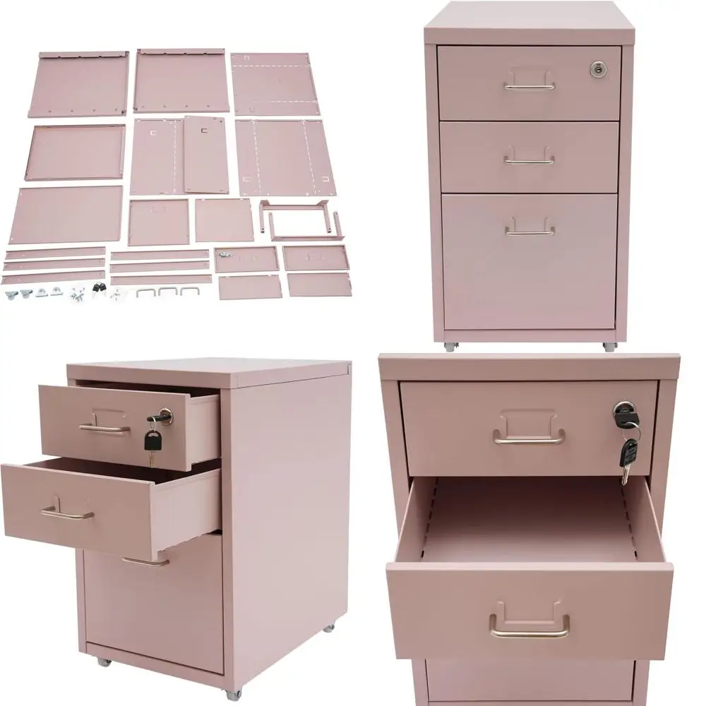 

Mobile 18 Pink Metal 3-Drawer File Cabinet with Lock and Wheels for Office/Home Use