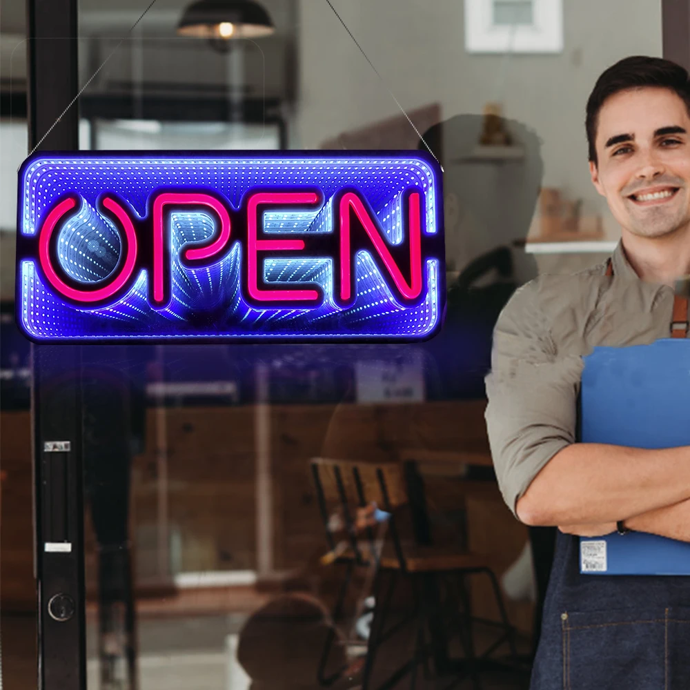 3D Mirror Neon Open Sign 48x20cm Double-Sided LED Light for Pizza Coffee Bar Store - Colorful Background Infinite Tunnel Light