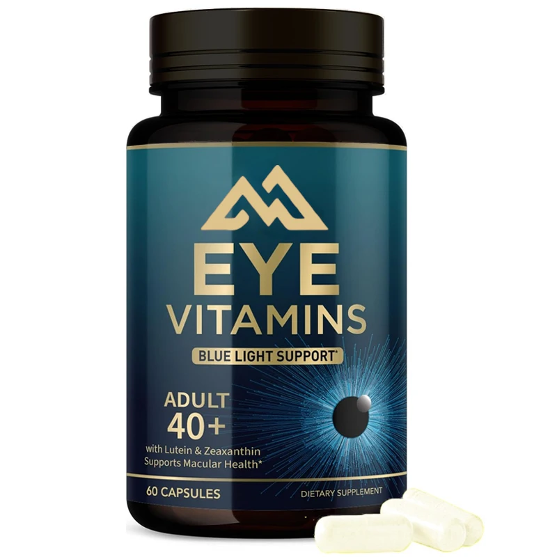 Eye vitamin and mineral supplements contain lutein, zeaxanthin, zinc, vitamin C, and E-60 capsules for vision health support