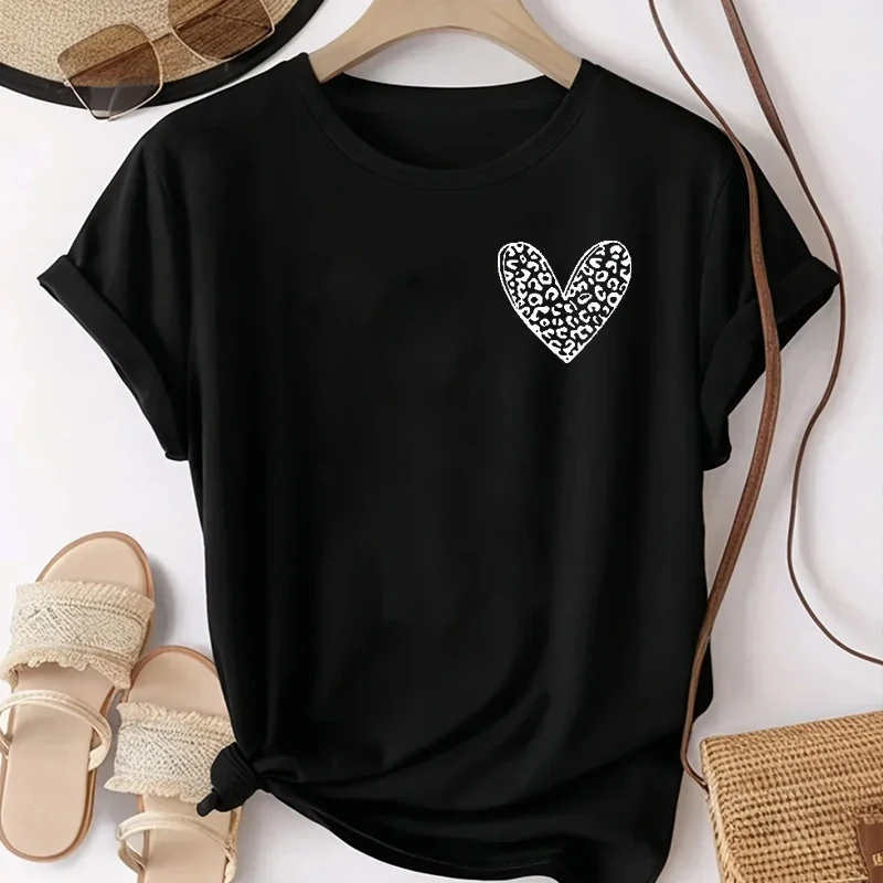 2026 Chic Leopard Heart Print  T-shirt 90s Women's Casual Graphic Y2K Art Print Short Sleeve T Shirt Clothing Top Tee