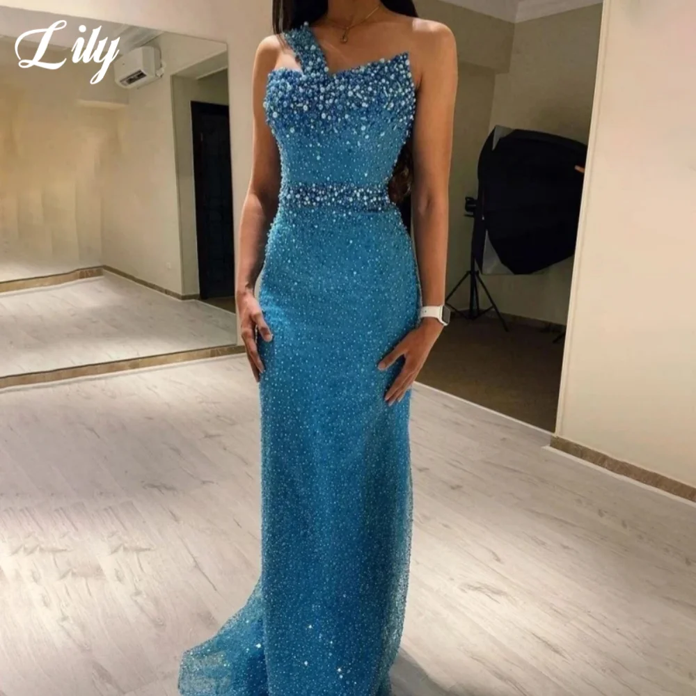 

Lily Blue Gorgeous Rhinestones Prom Dresses One Shoulder Sleeveless Evening Dress Pearls Sequins Mermaid Party Gowns Customized