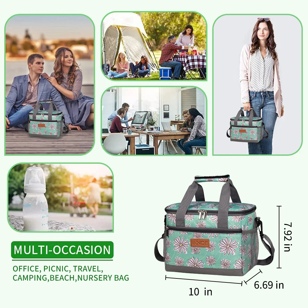 귀여운 핸드백 스타일의 꽃무늬 프린트 보온 도시락 가방 여성용 크로스바디 음식 보관 쿨러 아이스 케이스 캠핑 가방