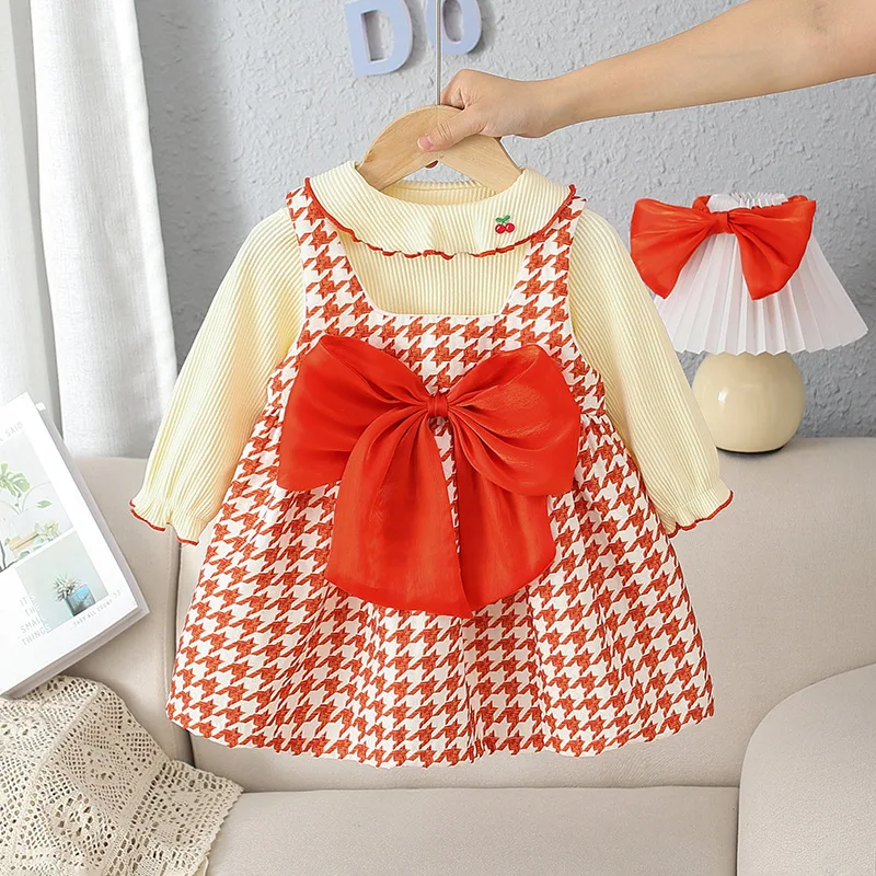 

Sweet Autumn Winter Girls Princess Bow Suits Kids Long Sleeve T-shirt+Plaid Overall Dress 2pcs Children Baby Infant Clothes Set