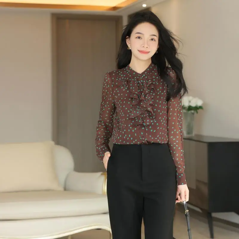 

Spring and Autumn New French Retro Ruffle Printed Chiffon Shirt Lace Collar Long Sleeve Polka Dot Shirt Top
