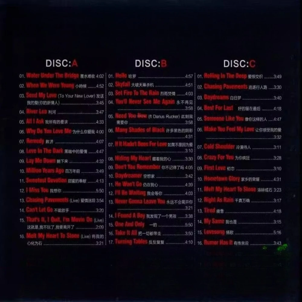 Set CD Adele a 3 dischi: successi pop iconici tra cui "Set Fire To The Rain" per giochi in auto