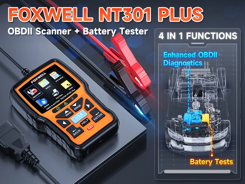 Foxwell NT301 Plus 2-in-1 OBD 2 Scanner Grade a Engine Code Reader and Car Battery Tester 2 Year Warranty Diagnostic Tool