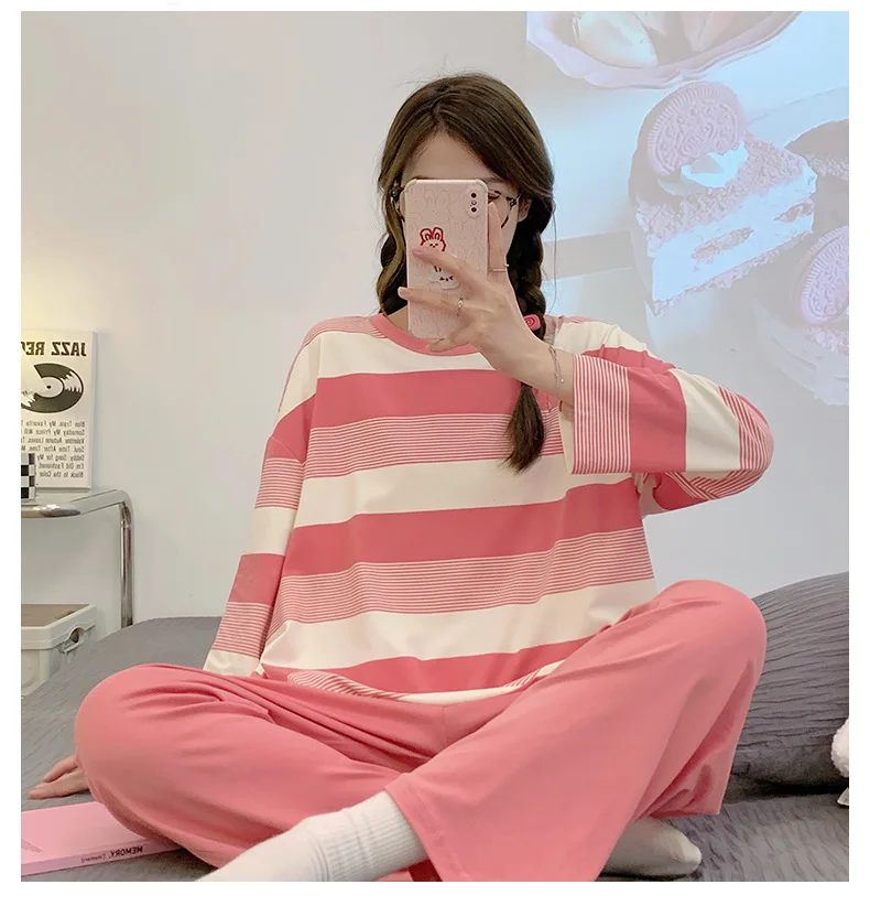 Pajamas Women Long Sleeve Set Loose Long Pants Homewear Classic Black Striped Casual Two Piece Set