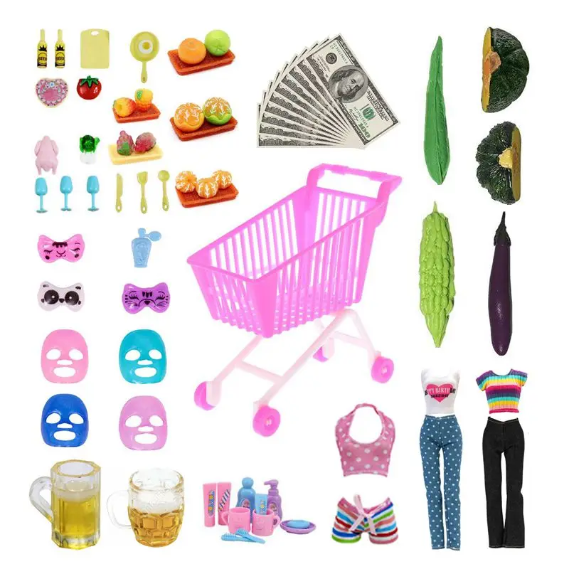 Kawaii 61 Items / Lot Kids Toys Simulation Shopping Game Accessories Children Playing House For Barbie DIY Baby Birthday Present