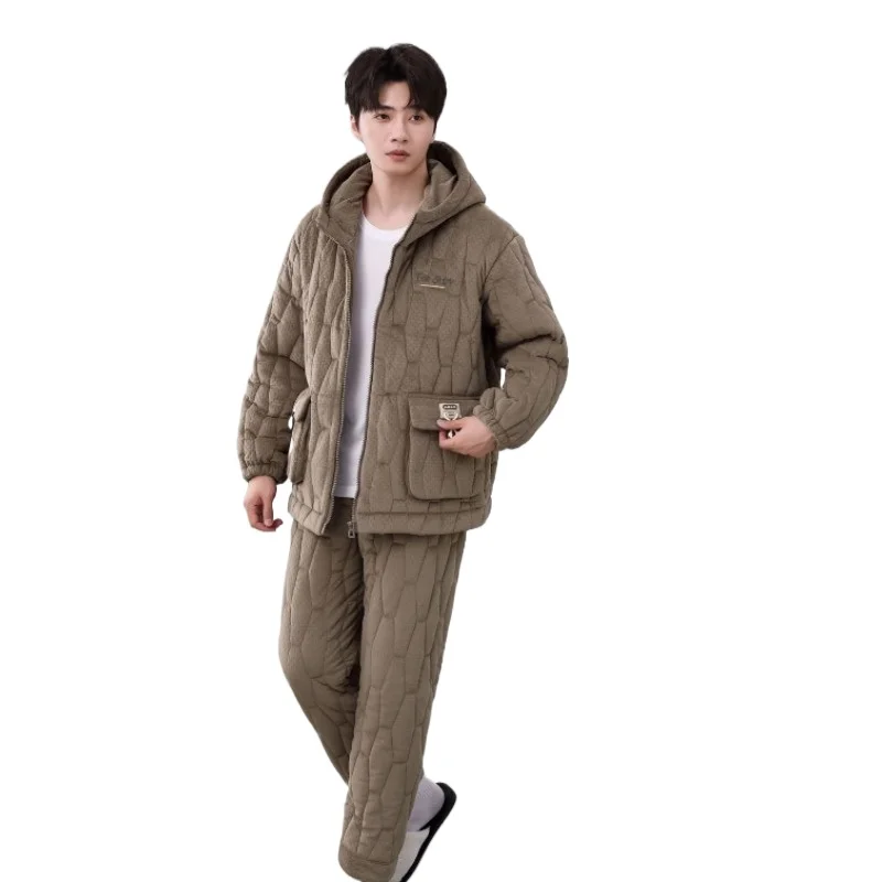 

Мужская пижама с капюшоном можно носить на улице зимы с тремя слоями хлопчатобумажной подкладки, сохраняет тепло, комплект домашней одежды с хлопковой подкладкой