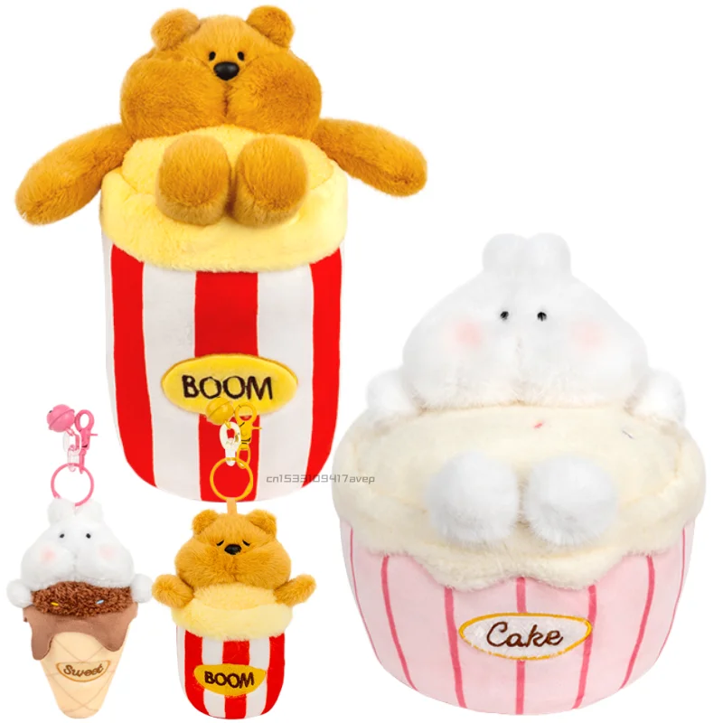 Kawaii White Bunny Cupcake Plushie Stuffed Brown Colour Bear Boom Popcorn Snacks Plush Toys for Kids Birthday Present