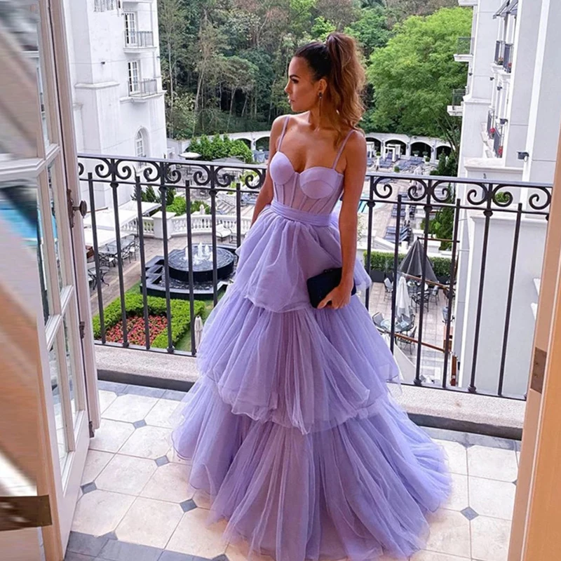 

Sexy Lavender Tulle Spaghetti Straps Prom Dresses A Line Layered Skirt Bow Tiered Sash Floor Length Long Evening Party Gown 2024